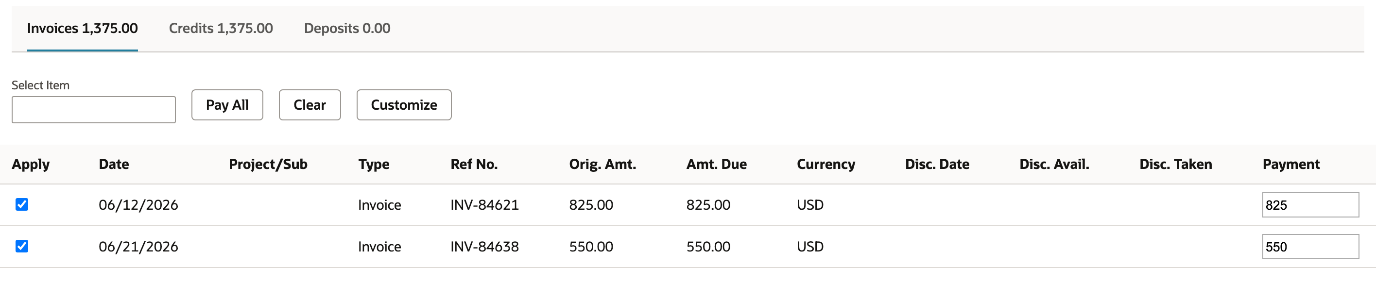 Apply the credit to both invoices with Payment Amount at zero.