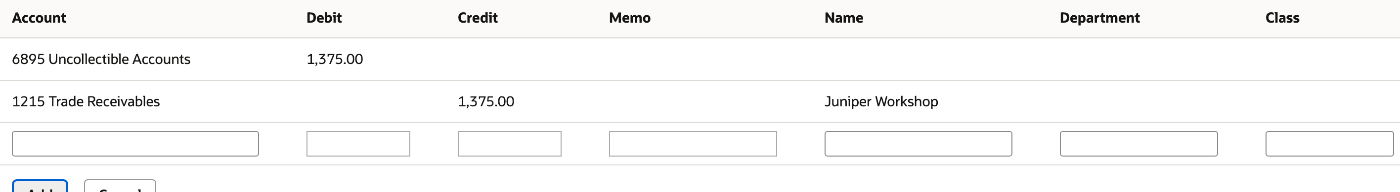 The A/R credit identifies Juniper Workshop and balances the expense debit.