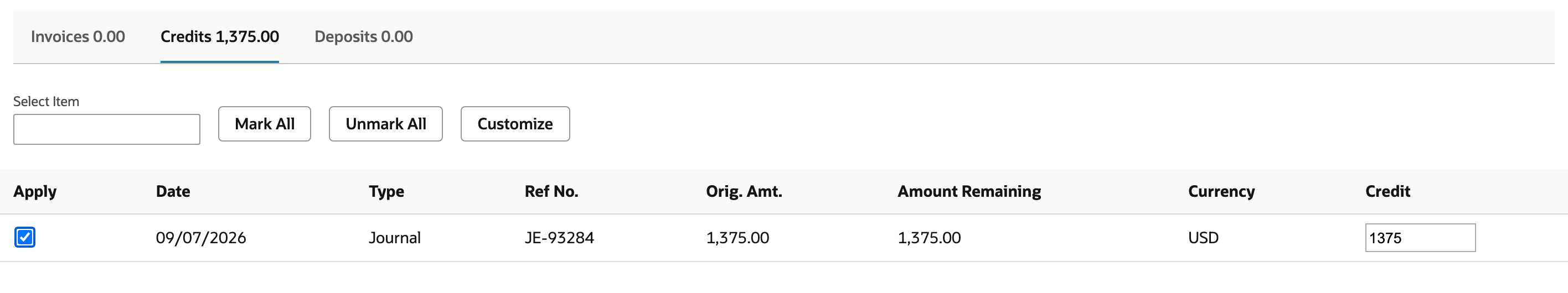 Select the posted $1,375.00 journal credit.