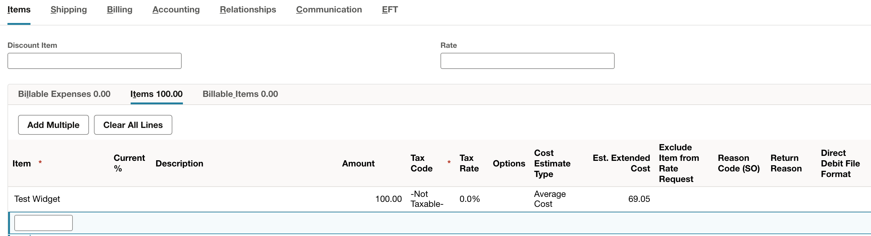 NetSuite: The item row should match the charges you intend to bill.