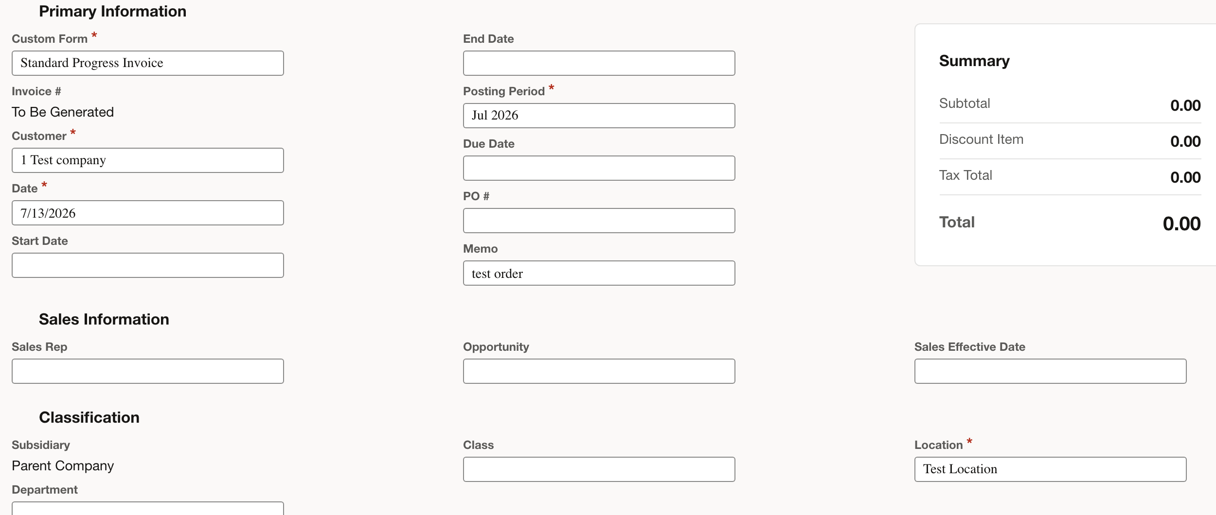 NetSuite: Check the invoice header and required classifications.