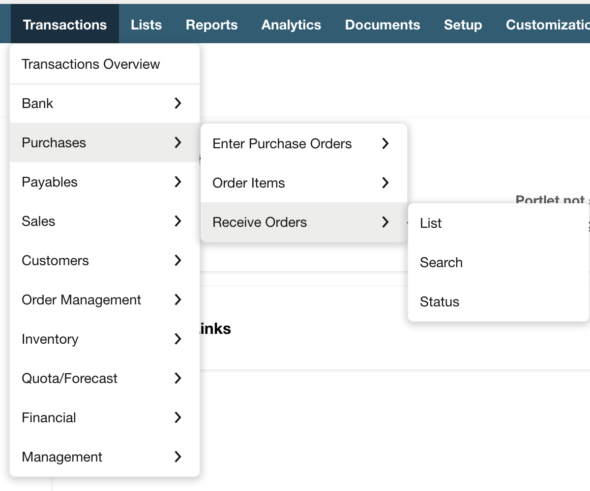 NetSuite Transactions menu expanded through Purchases to Receive Orders