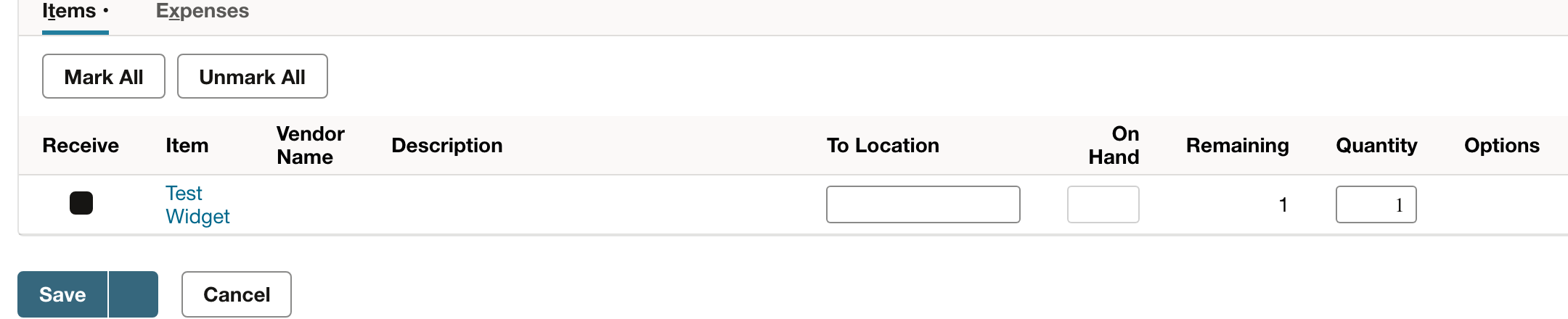 NetSuite item receipt line for Test Widget with receiving quantity and To Location fields