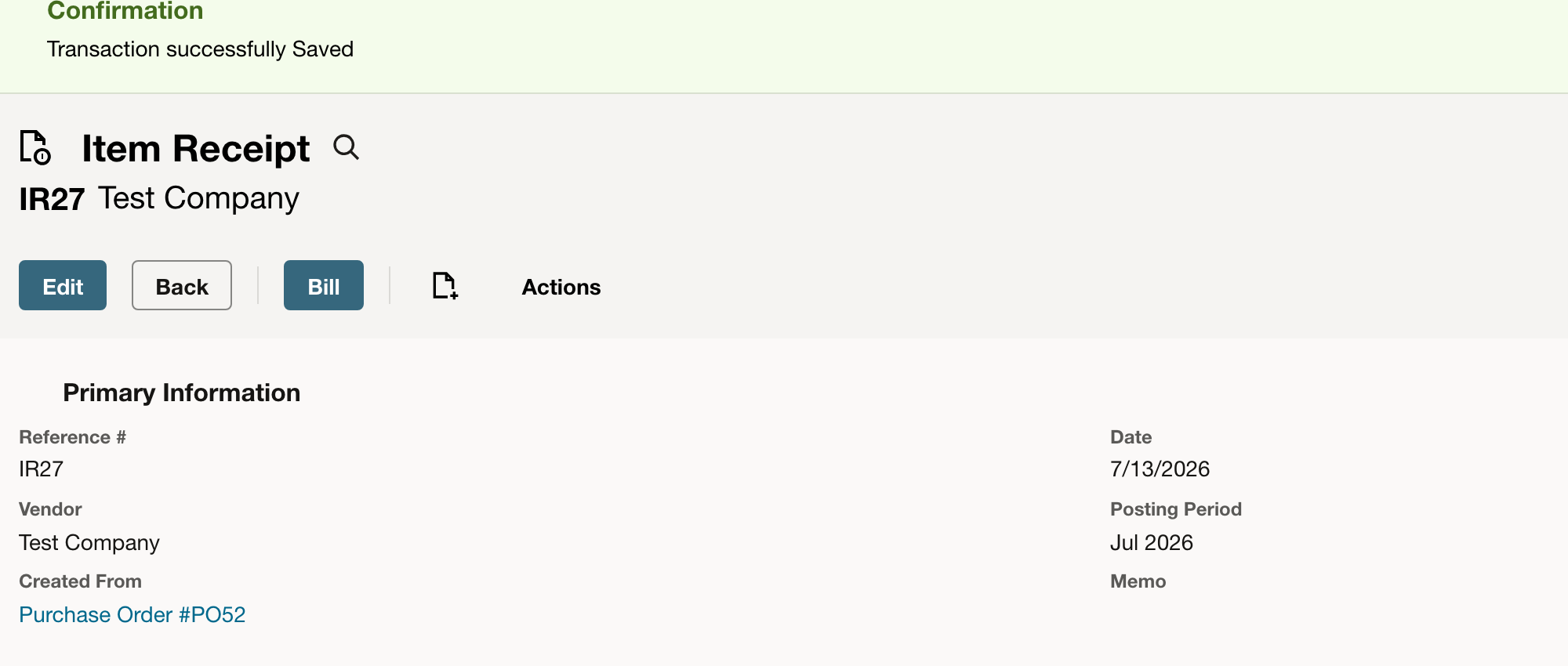 Saved NetSuite item receipt IR27 for Test Company linked to Purchase Order PO52