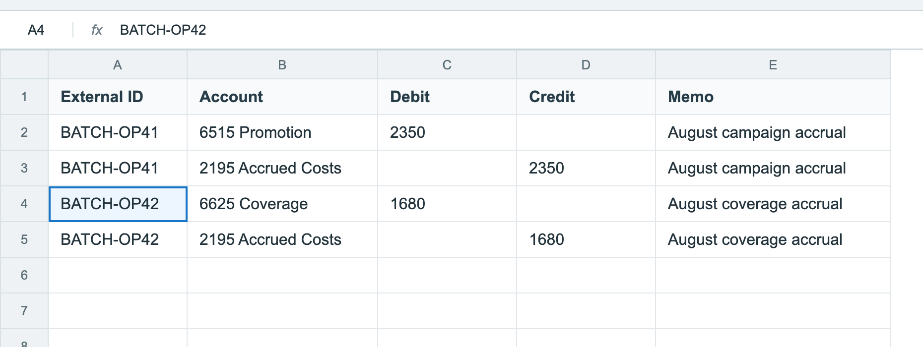 The CSV has two External ID groups, each with a balanced debit and credit.