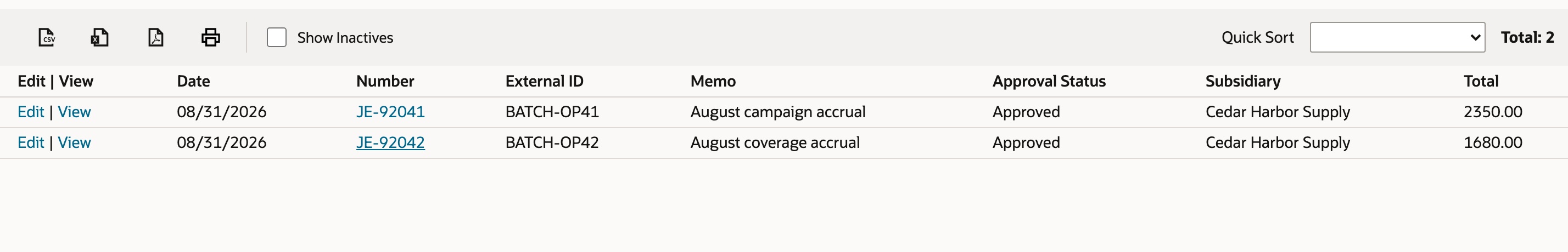 The list contains two approved journals, rather than four transactions.