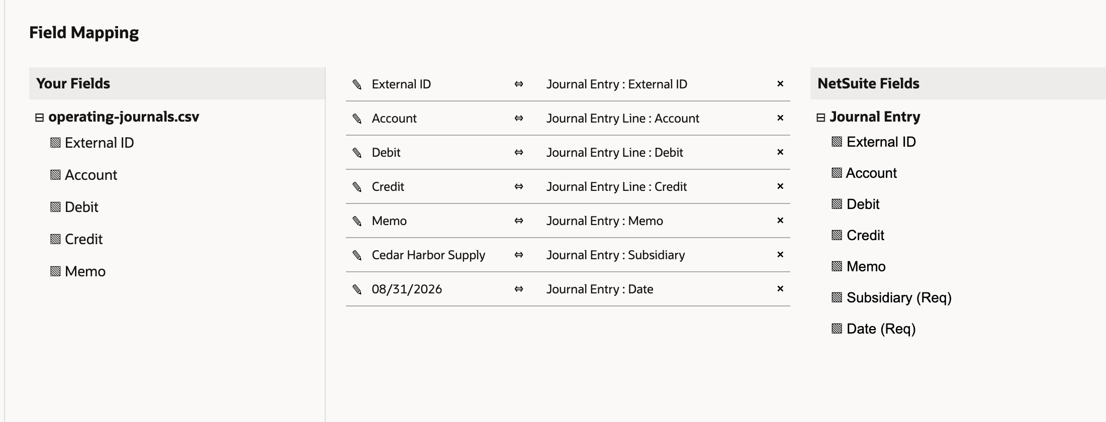 Header identity, line amounts, and the two missing header defaults are mapped separately.
