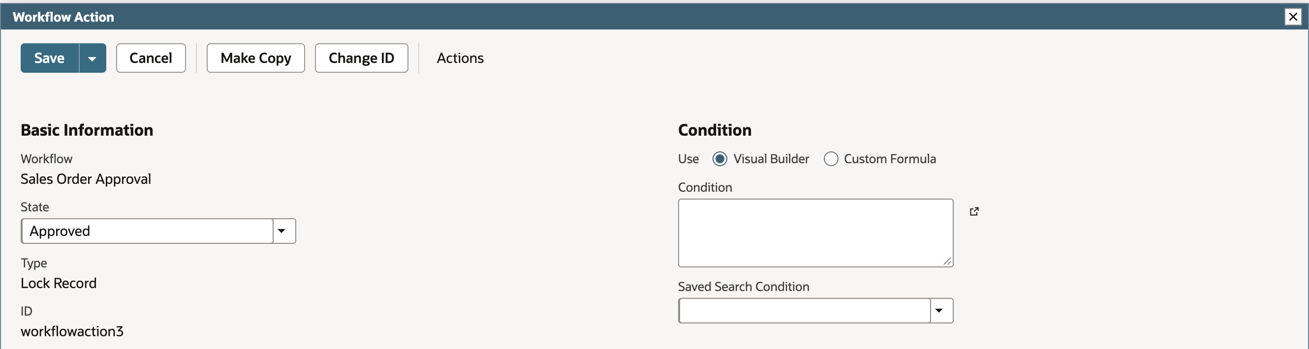 The saved Lock Record action, ID workflowaction3, with Use Visual Builder selected and an empty Condition box.