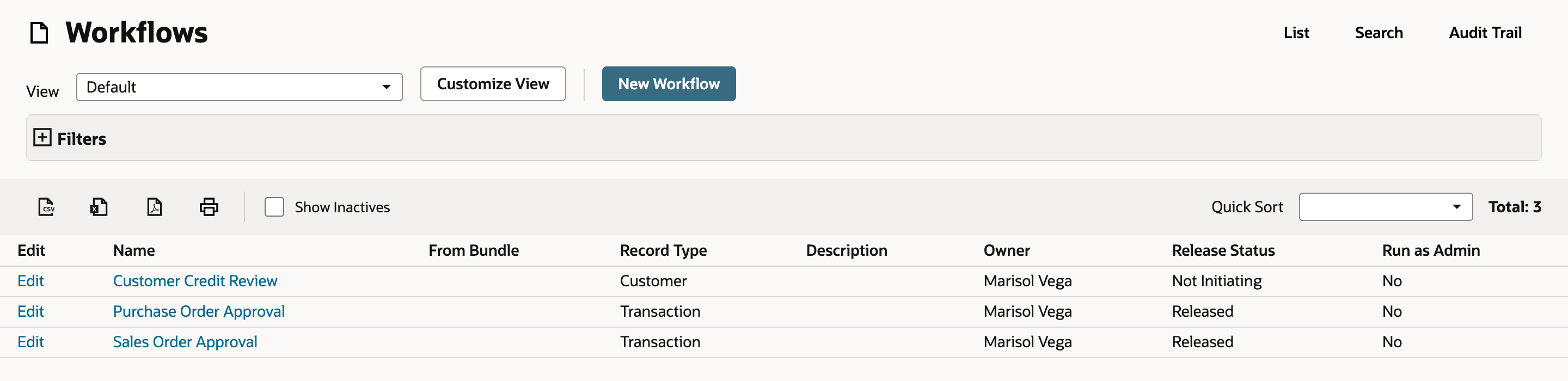 The Workflows list with Customer Credit Review, Purchase Order Approval and Sales Order Approval. Sales Order Approval has record type Transaction and release status Released.