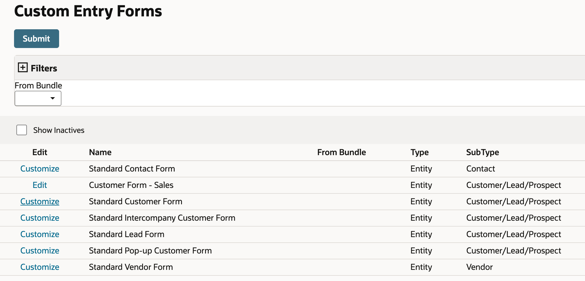 Custom Entry Forms list with a Customize link beside Standard Customer Form