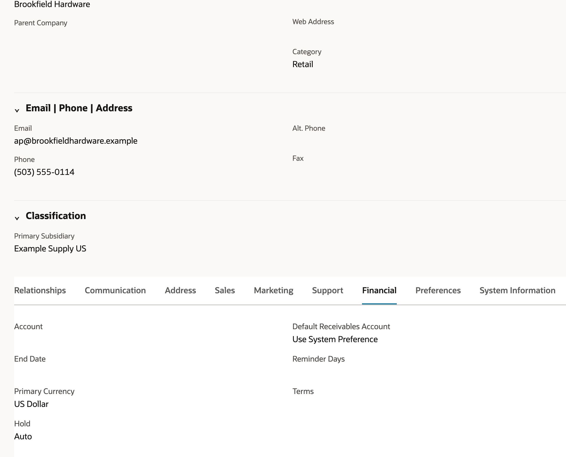 Existing customer Brookfield Hardware on the Financial subtab with the Terms field empty