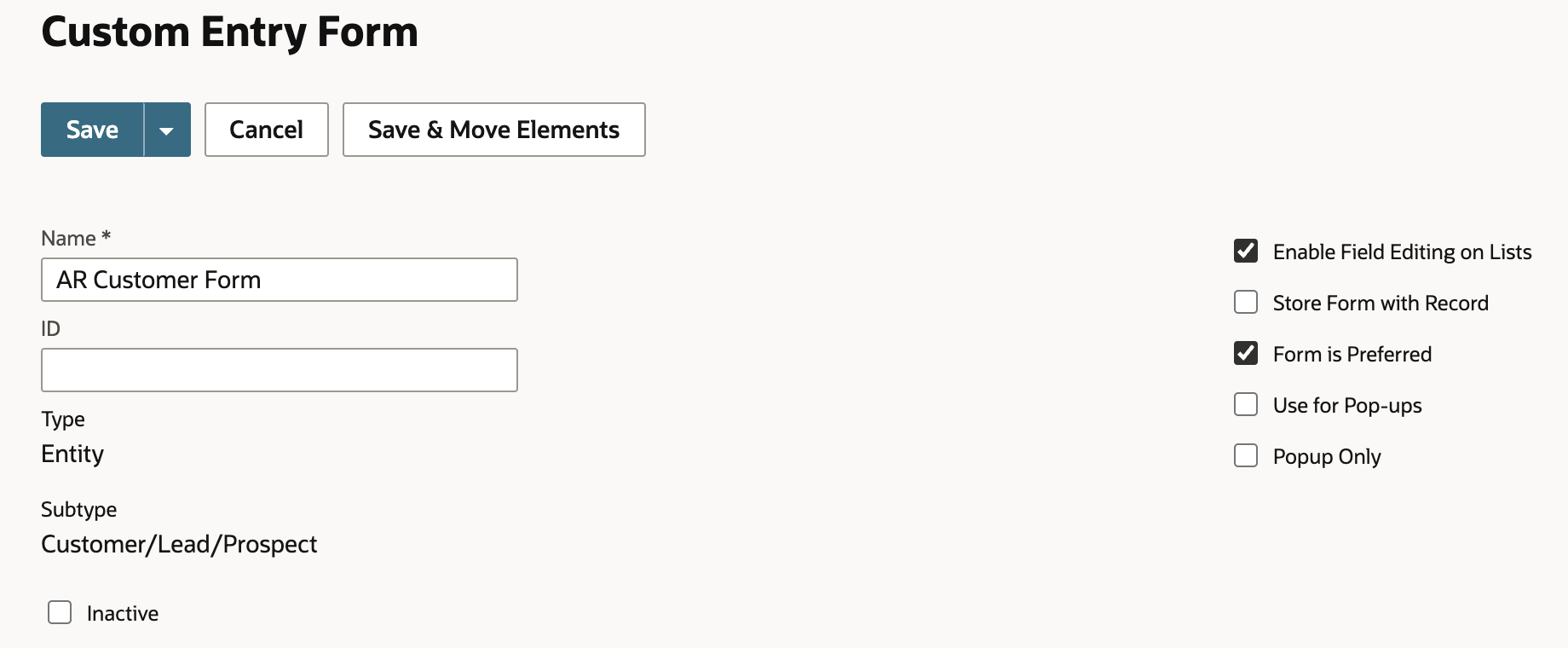 Custom Entry Form with Name set to AR Customer Form and Form is Preferred checked