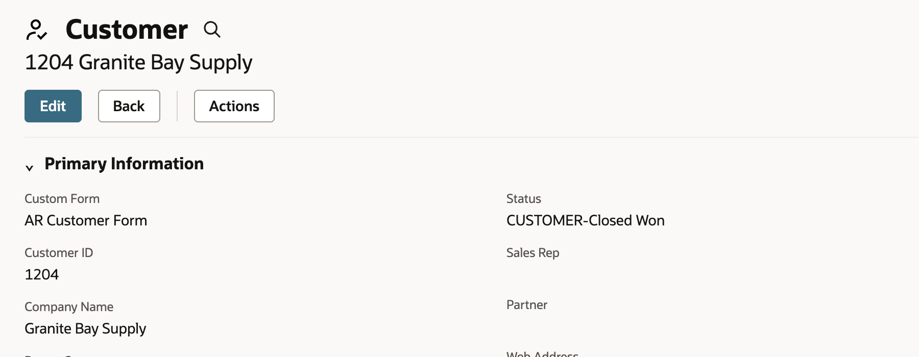 Saved customer 1204 Granite Bay Supply with Custom Form AR Customer Form