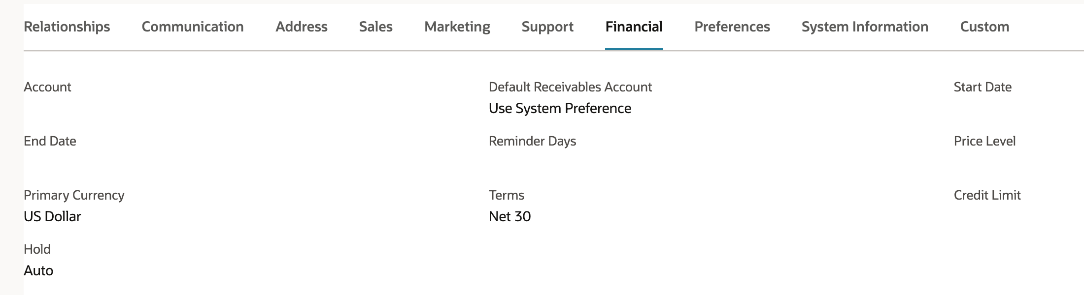 Saved customer Financial subtab showing Terms Net 30