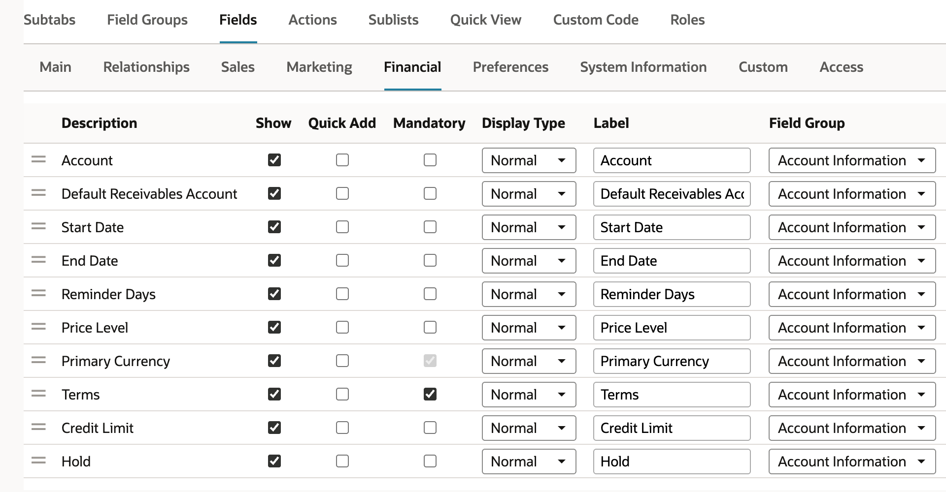 Fields subtab, Financial tab, with Mandatory checked on the Terms row and Show checked