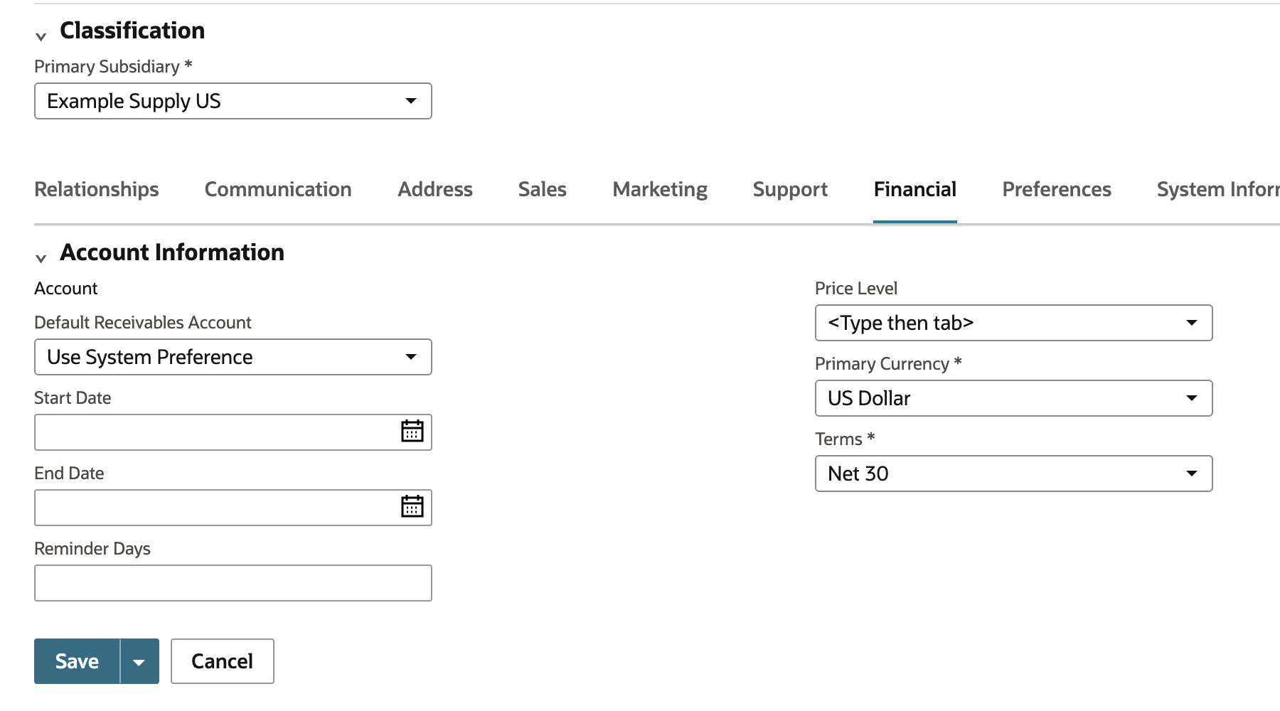 New customer Financial subtab with Terms marked required and set to Net 30