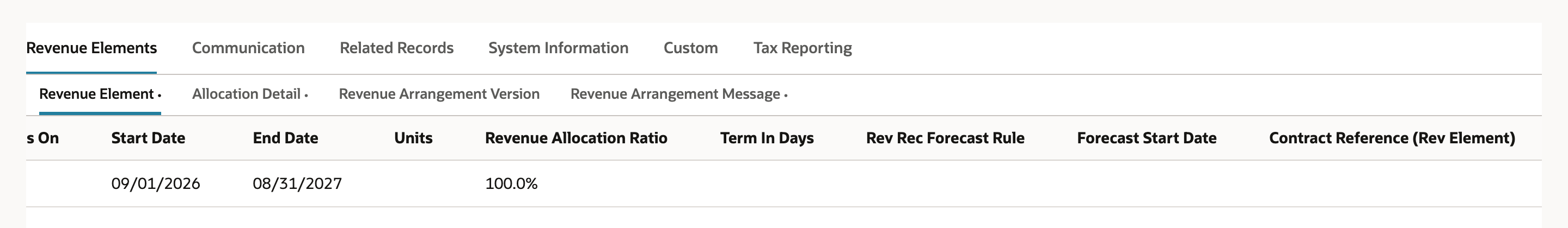 Revenue Element row on arrangement 2210: Start Date 09/01/2026, End Date 08/31/2027, Revenue Allocation Ratio 100.0%, and an empty Contract Reference (Rev Element) cell. An arrow points up from the empty cell to the Contract Reference (Rev Element) heading.