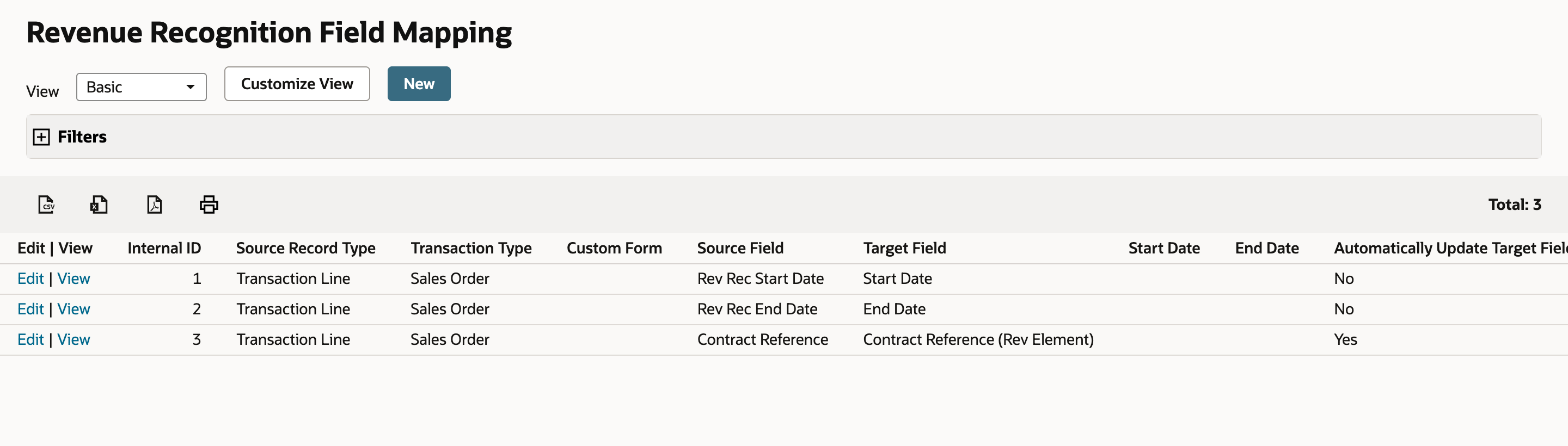 Revenue Recognition Field Mapping list, Total: 3. The two date maps are unchanged; map 3 is Transaction Line, Sales Order, Source Field Contract Reference, Target Field Contract Reference (Rev Element), Automatically Update Target Field Value Yes. An arrow points to Contract Reference (Rev Element).