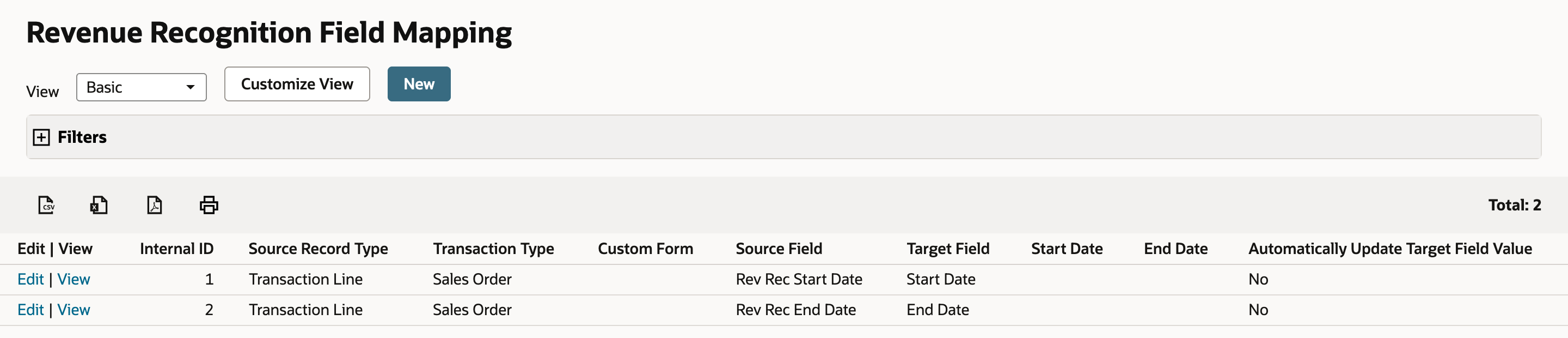 Revenue Recognition Field Mapping list, Total: 2. Map 1: Transaction Line, Sales Order, Source Field Rev Rec Start Date, Target Field Start Date, Automatically Update Target Field Value No. Map 2: Rev Rec End Date to End Date, No.