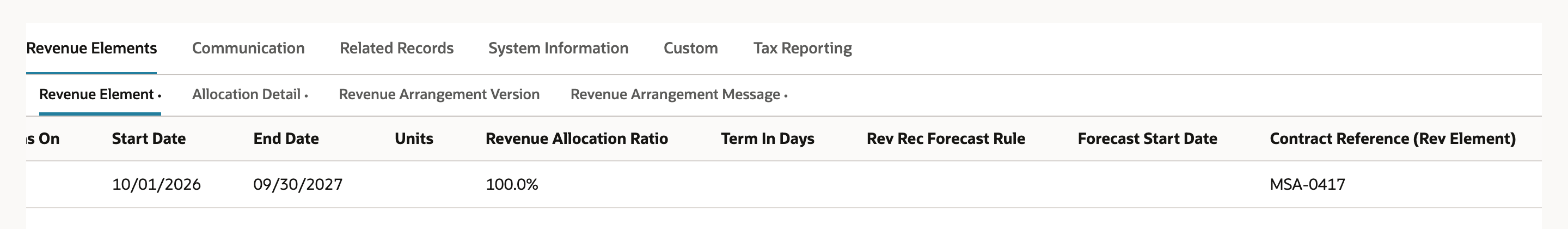 Revenue Element row on arrangement 2236: Start Date 10/01/2026, End Date 09/30/2027, Revenue Allocation Ratio 100.0%, Contract Reference (Rev Element) MSA-0417. An arrow points to MSA-0417.