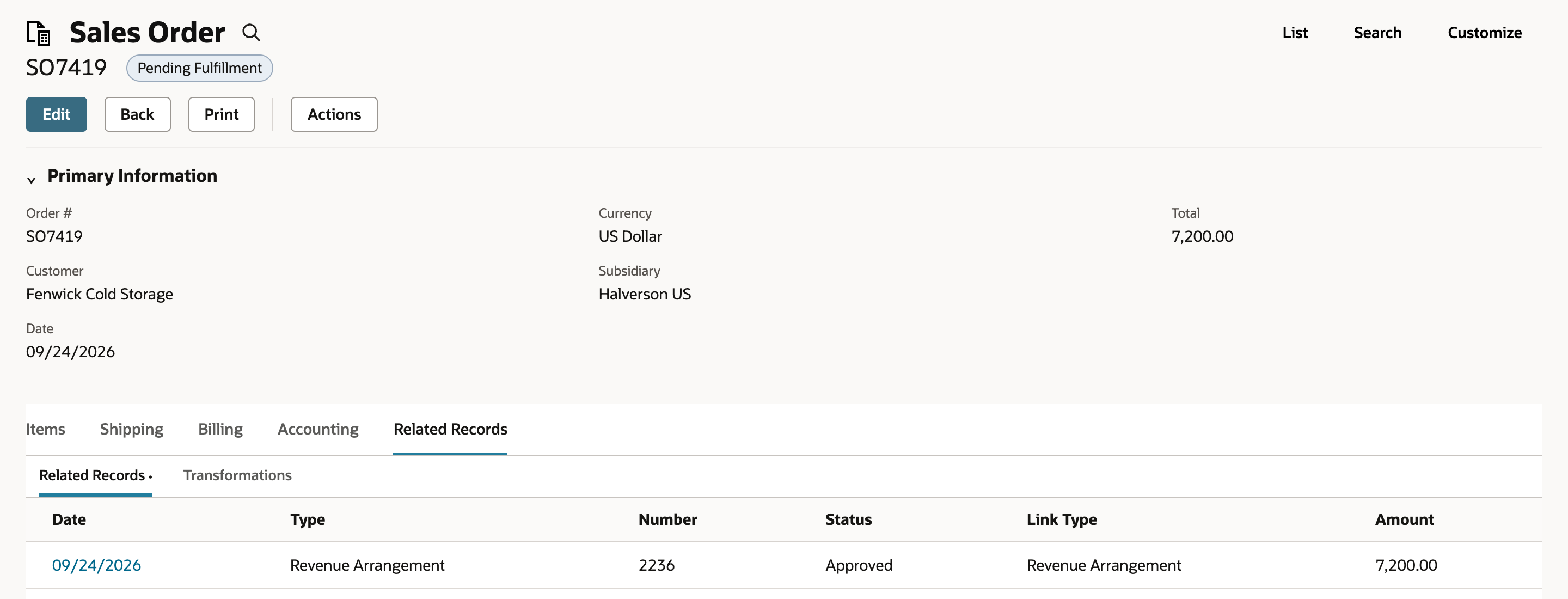 Related Records subtab of SO7419 with one row: Date 09/24/2026, Type Revenue Arrangement, Number 2236, Status Approved, Amount 7,200.00.