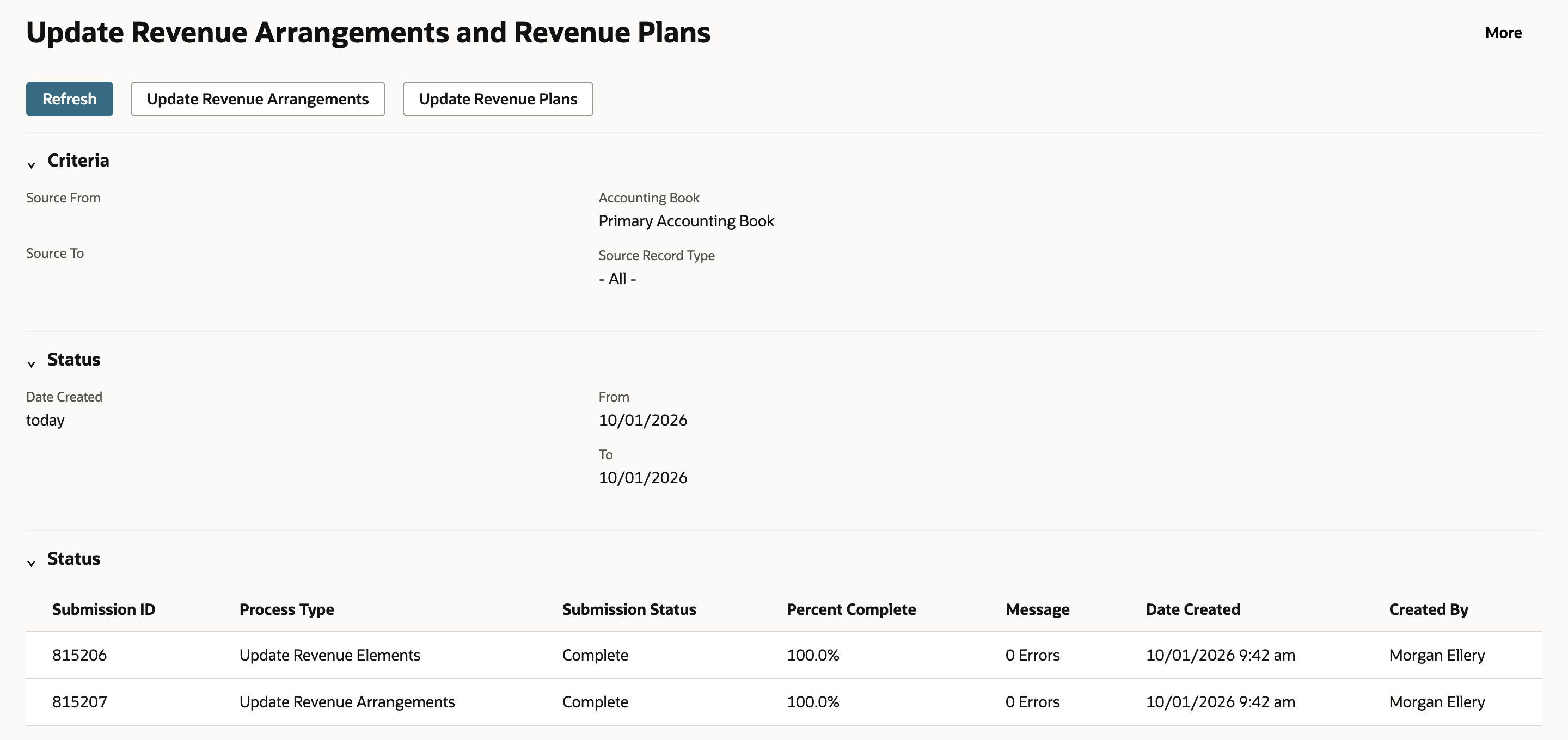 The same page after Refresh: submissions 815206 Update Revenue Elements and 815207 Update Revenue Arrangements both Complete, 100.0%, Message 0 Errors.