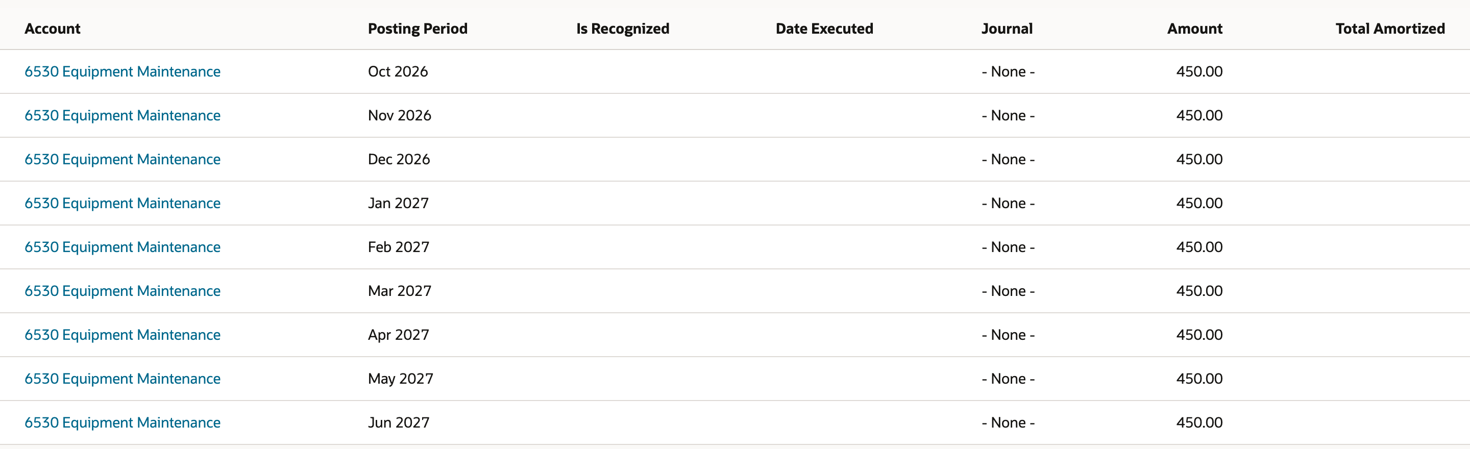 Schedule 31 rows: nine rows from Oct 2026 to Jun 2027, each Account 6530 Equipment Maintenance, Journal None, Amount 450.00.