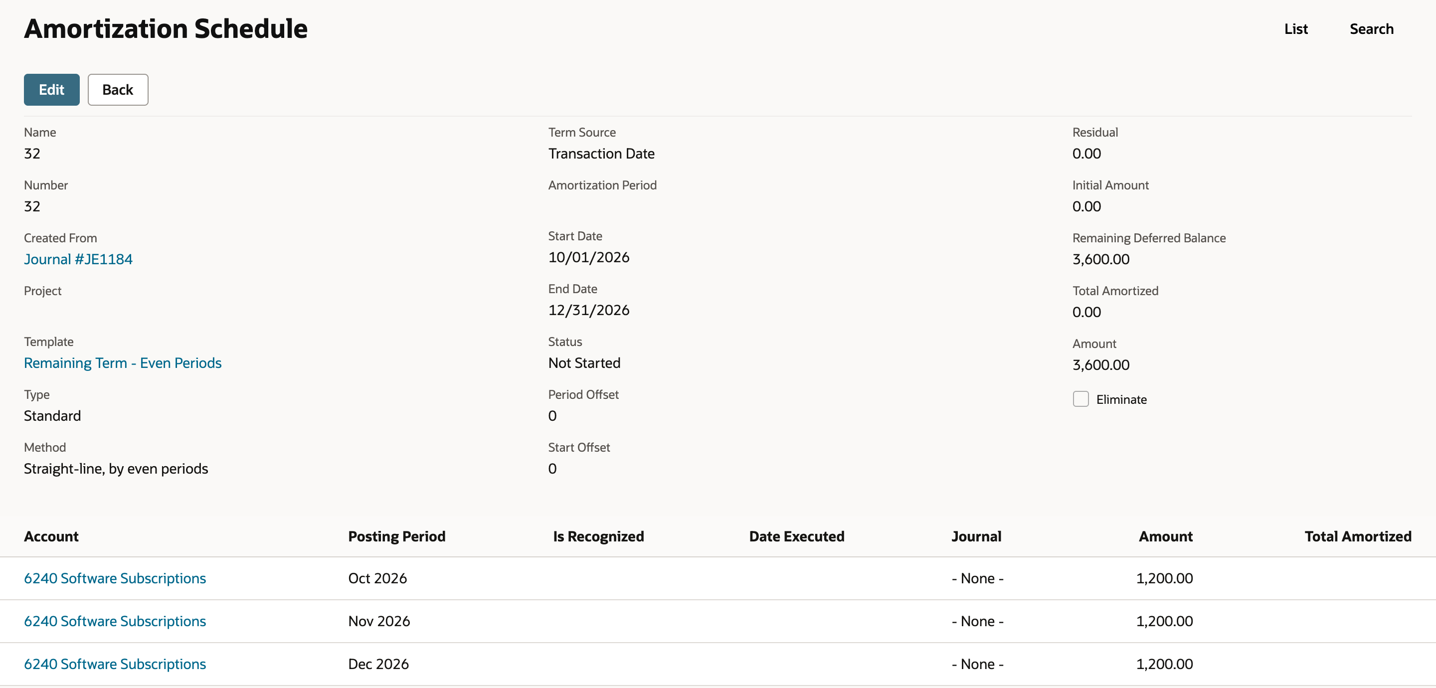 Amortization Schedule 32: Created From Journal #JE1184, Start Date 10/01/2026, End Date 12/31/2026, Status Not Started, Amount 3,600.00, with three rows for Oct, Nov and Dec 2026 of 1,200.00 each to 6240 Software Subscriptions.
