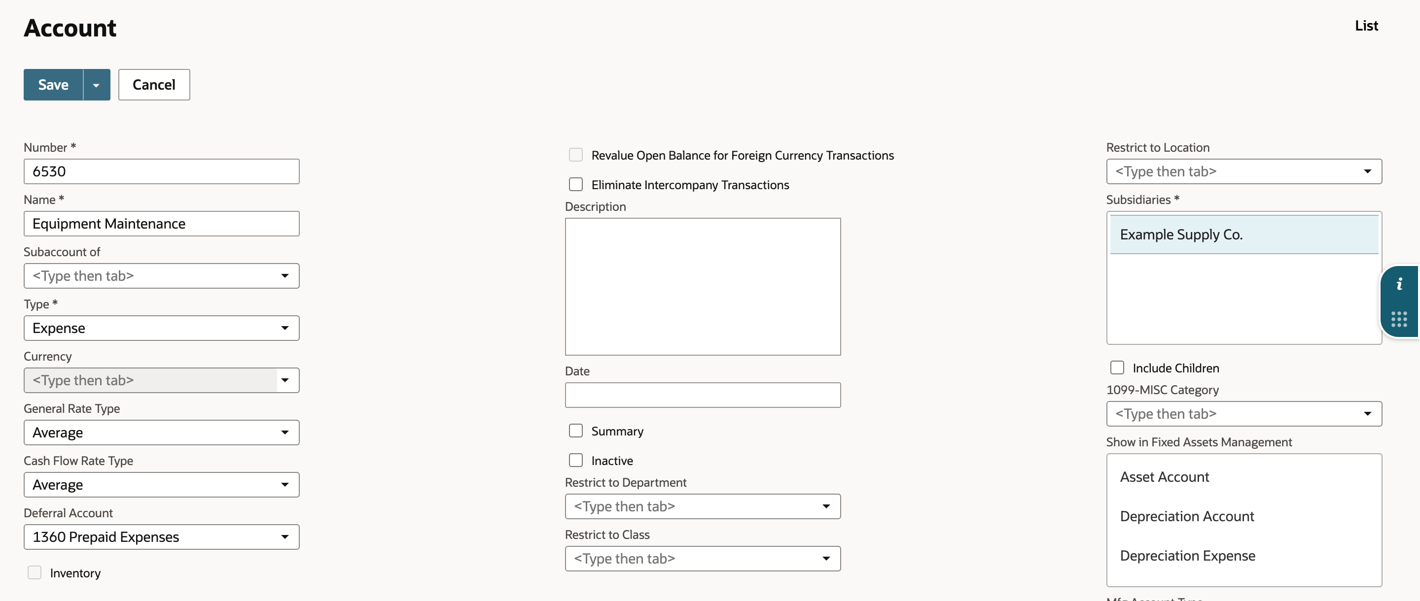 Account edit form for 6530 Equipment Maintenance, type Expense, with Deferral Account set to 1360 Prepaid Expenses.