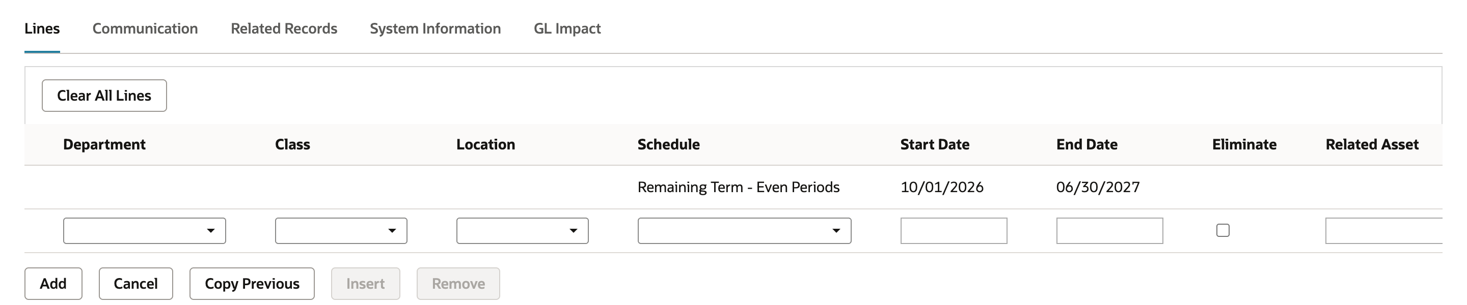 The Lines subtab scrolled right: the first line has Schedule Remaining Term - Even Periods, Start Date 10/01/2026 and End Date 06/30/2027.