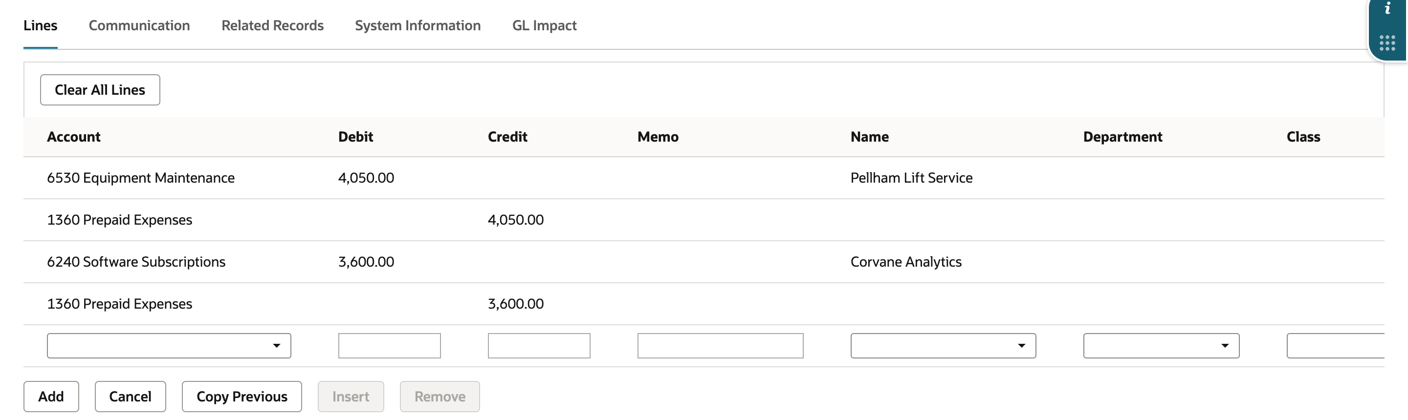 Four journal lines: 6530 Equipment Maintenance debit 4,050.00 with Name Pellham Lift Service; 1360 Prepaid Expenses credit 4,050.00; 6240 Software Subscriptions debit 3,600.00 with Name Corvane Analytics; 1360 Prepaid Expenses credit 3,600.00.