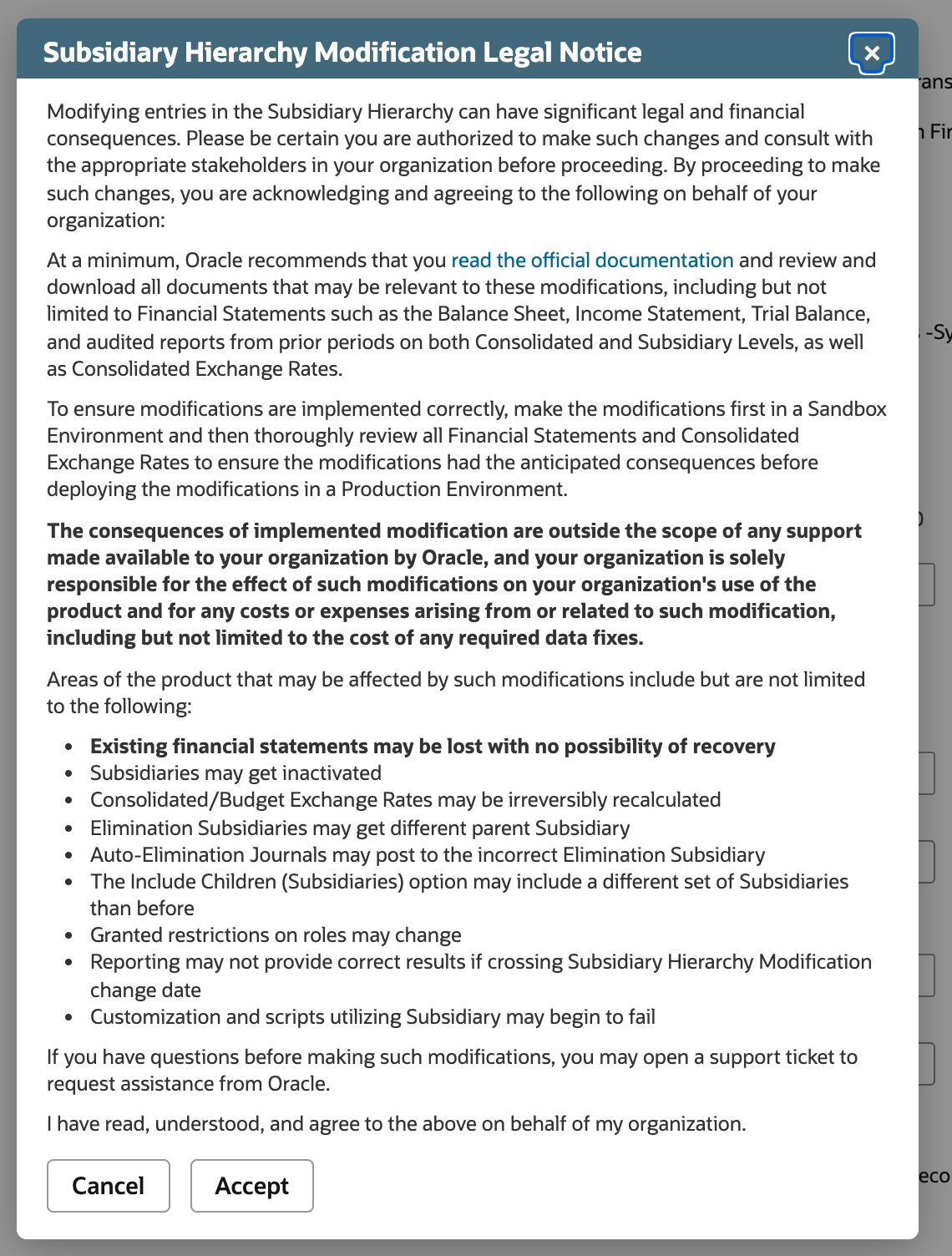 The Subsidiary Hierarchy Modification Legal Notice dialog listing the areas a hierarchy change can affect, with Cancel and Accept buttons.