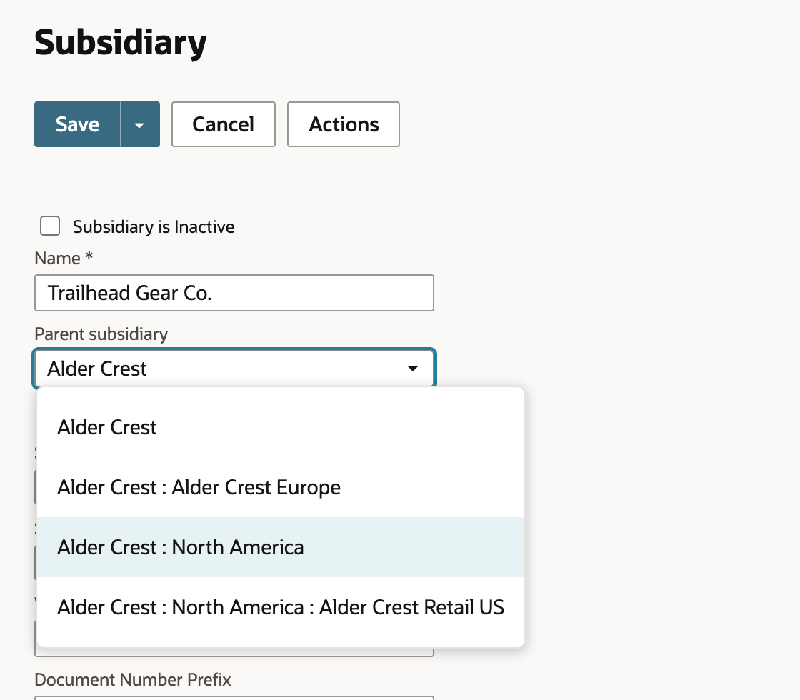 Parent subsidiary dropdown open on the Trailhead Gear Co. edit form, listing Alder Crest, Alder Crest : Alder Crest Europe, Alder Crest : North America and Alder Crest : North America : Alder Crest Retail US.