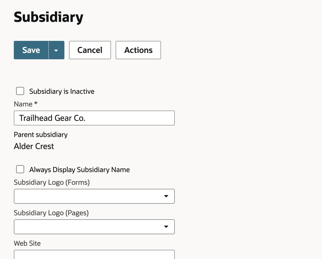 Subsidiary edit form for Trailhead Gear Co. Parent subsidiary shows Alder Crest as plain text with no dropdown.