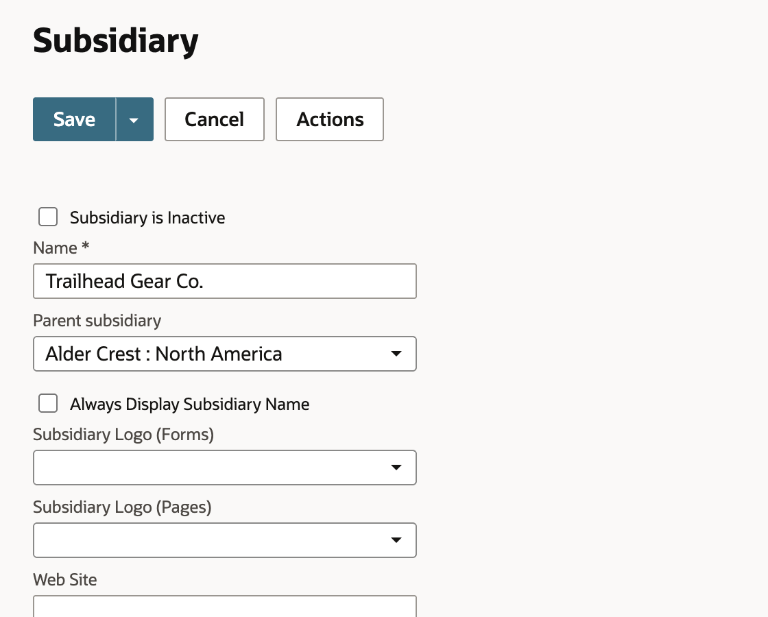 Trailhead Gear Co. edit form with Parent subsidiary set to Alder Crest : North America.