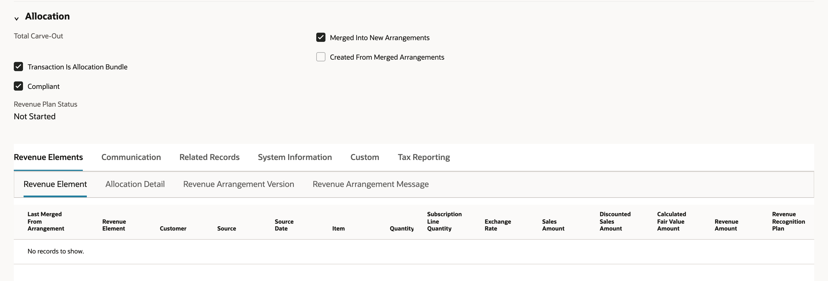 Original arrangement with Merged Into New Arrangements checked and an empty Revenue Elements table