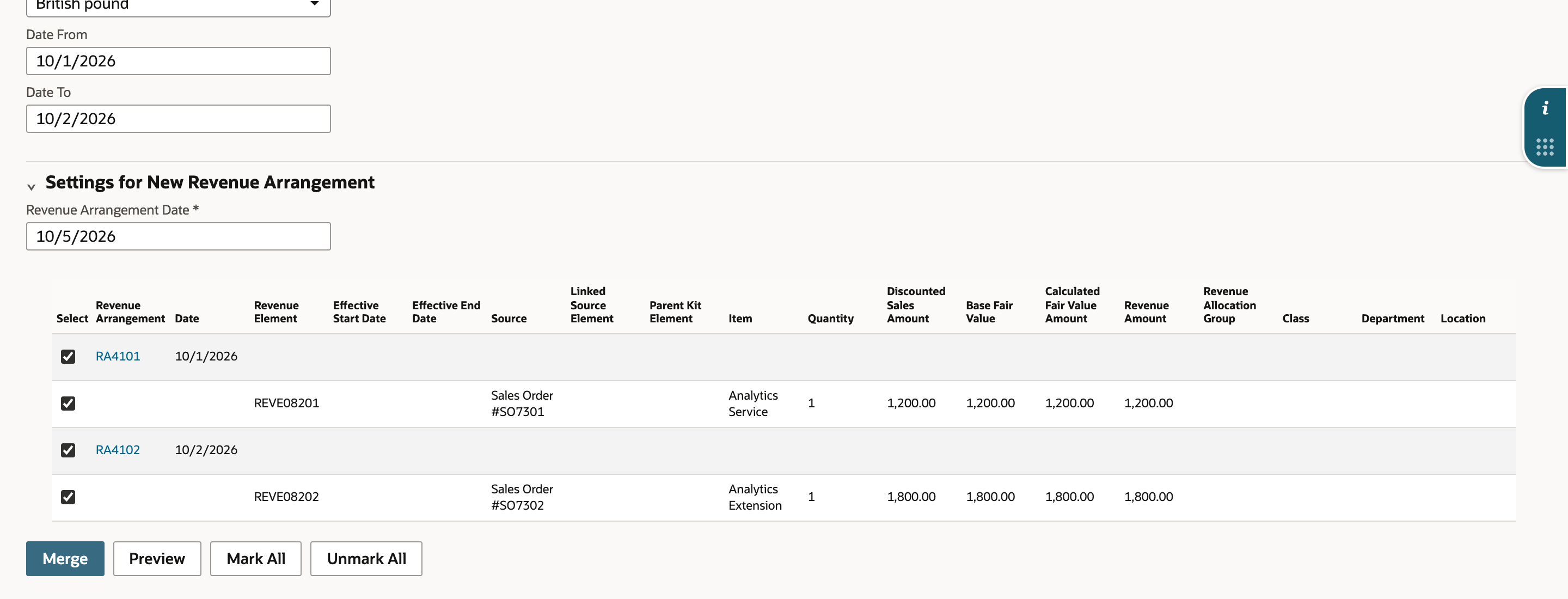 Merge selection table containing selected RA4101 and RA4102 with REVE08201 and REVE08202