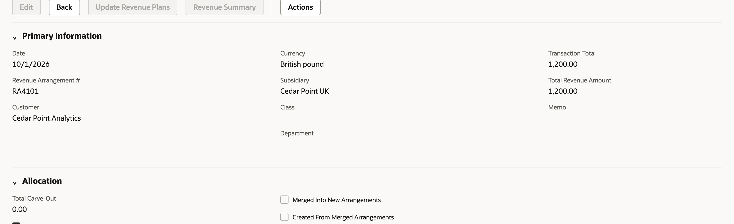 RA4101 primary fields showing Cedar Point Analytics, Cedar Point UK, British pound and total 1200