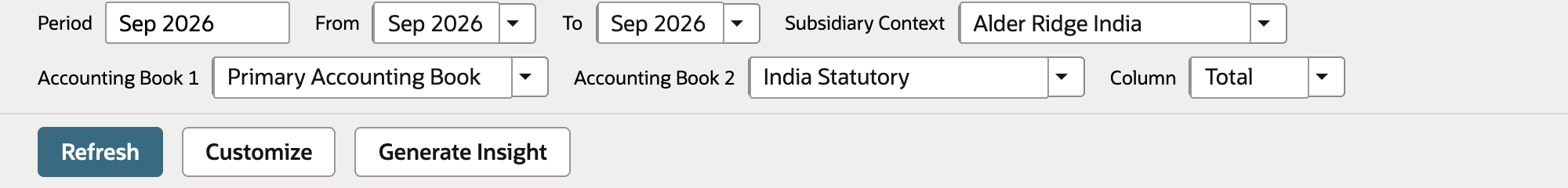 Report footer comparing Primary Accounting Book and India Statutory for Alder Ridge India from Sep 2026 through Sep 2026