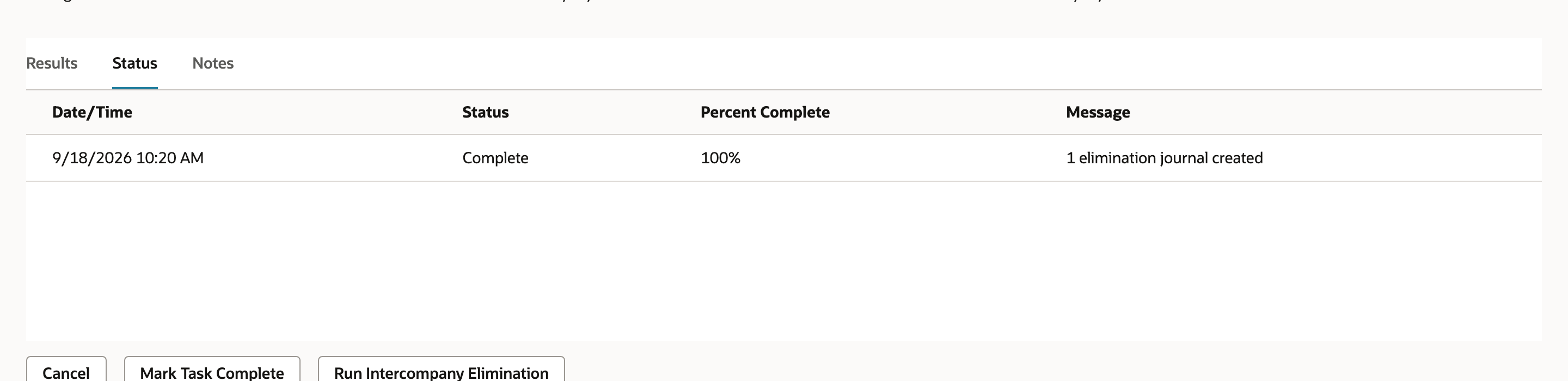 NetSuite Eliminate Intercompany Transactions task Status subtab showing the run Complete at 100 percent
