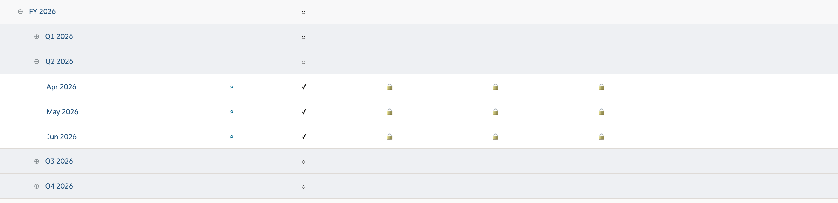 NetSuite Manage Accounting Periods showing Jun 2026 closed and locked for A/P, A/R and all G/L transactions