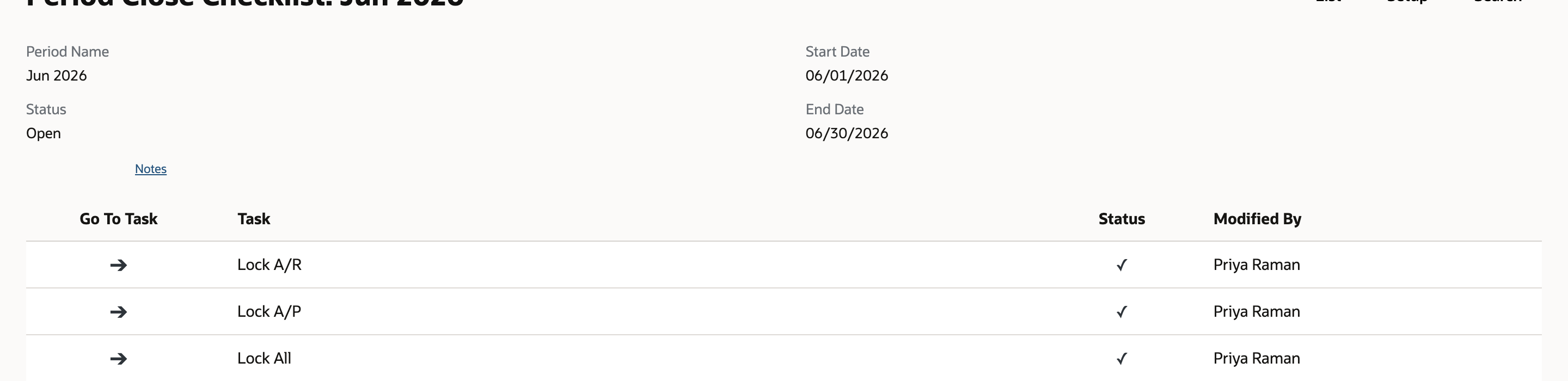NetSuite Period Close Checklist for Jun 2026 showing Status Open again after Reopen Period with a justification