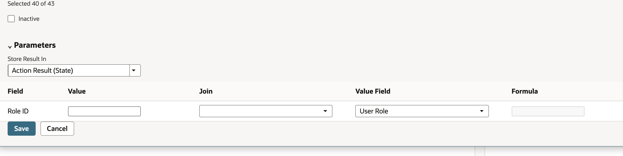 Custom action mapping Action Result State as the result destination and User Role as the Role ID value field