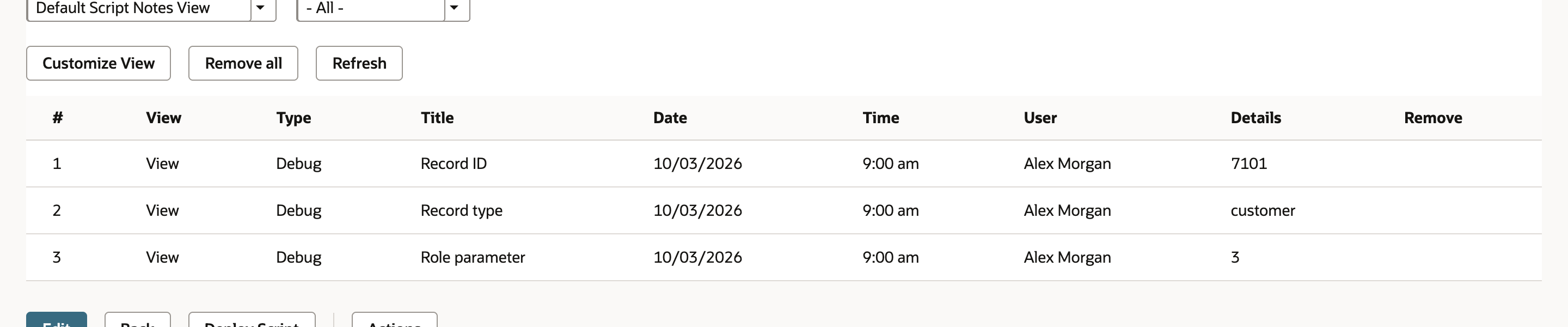 Three debug rows showing Record ID 7101, Record type customer and Role parameter 3