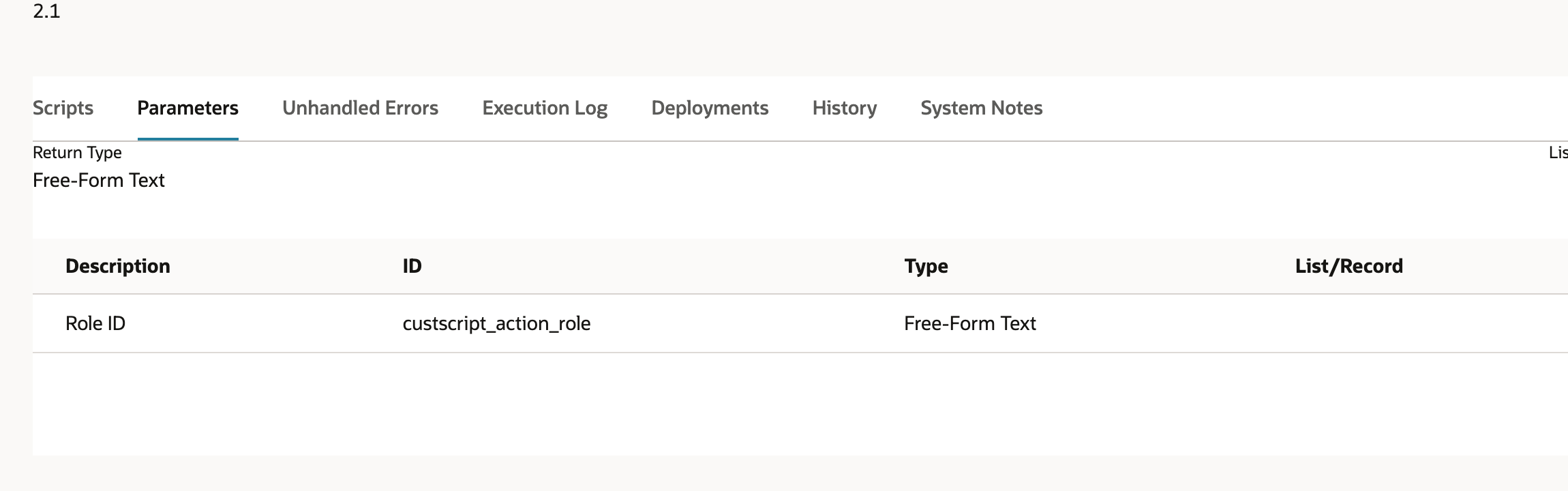 Script Parameters showing Free-Form Text Return Type and the Role ID parameter custscript_action_role