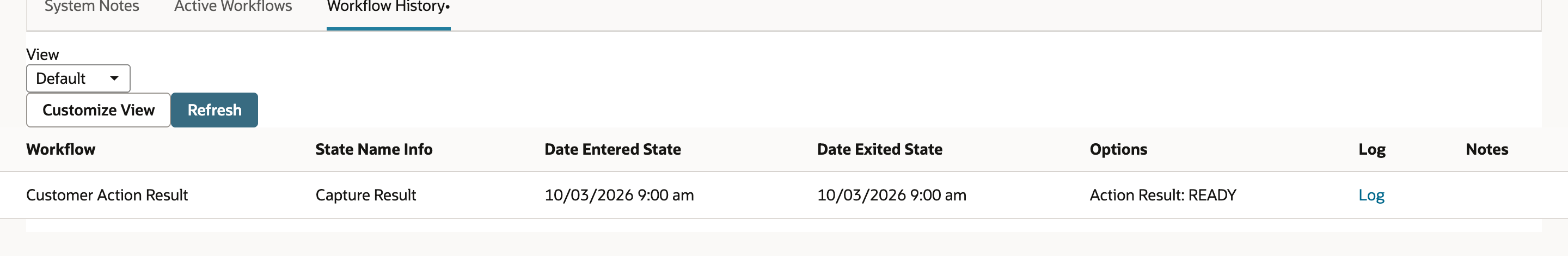 Workflow History with Options expanded to show Action Result READY