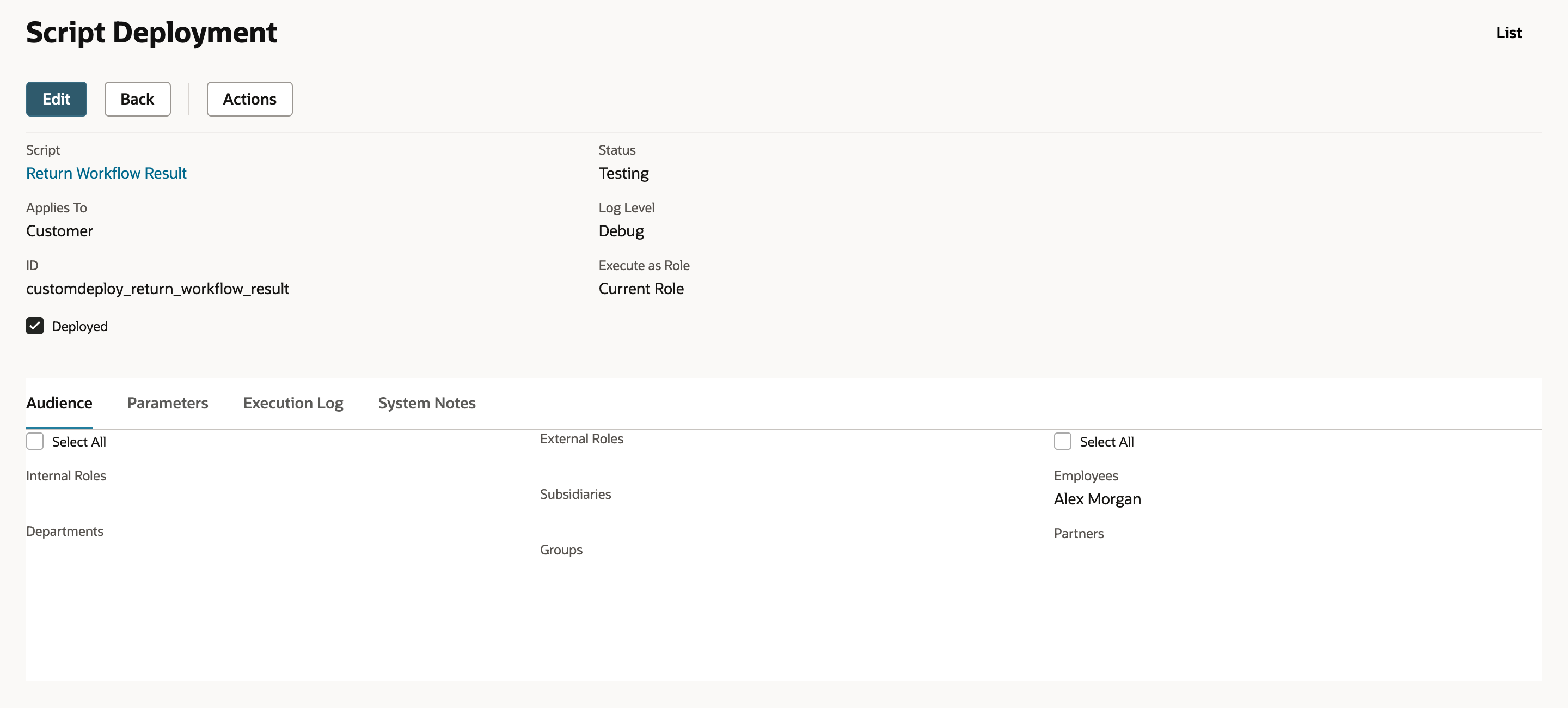 Customer script deployment in Testing with Debug logging, Current Role and a restricted employee audience