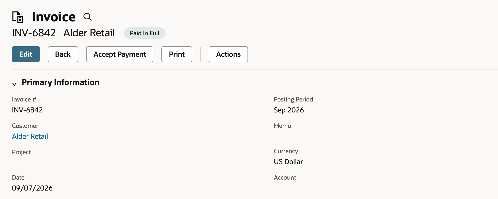 Invoice marked Paid In Full with zero amount due