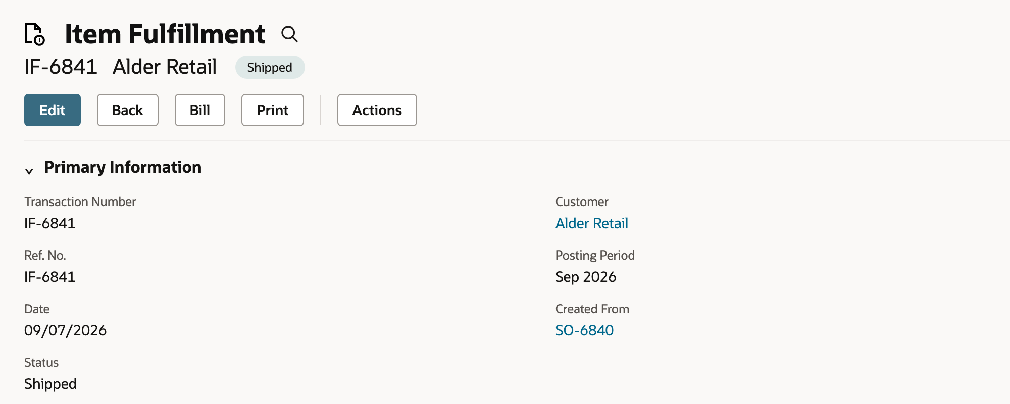 Saved Item Fulfillment showing Shipped.