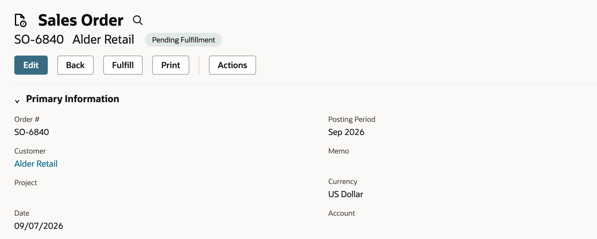 Saved sales order with Pending Fulfillment status.
